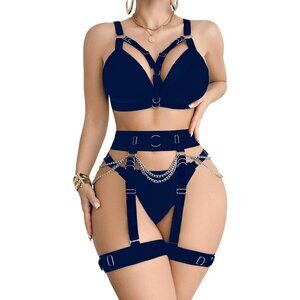 Women Navy Blue Naughty 5 Pieces Garter Belt Bodydoll Lingerie Set With Chain